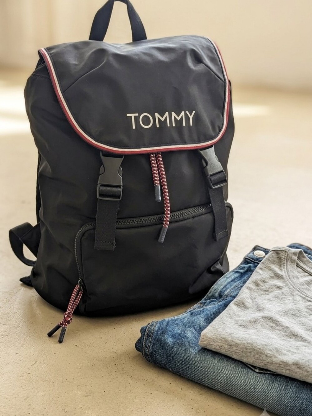 Vintage Rare Tommy Hilfiger Black Nylon Rucksack Backpack Monogram Flap